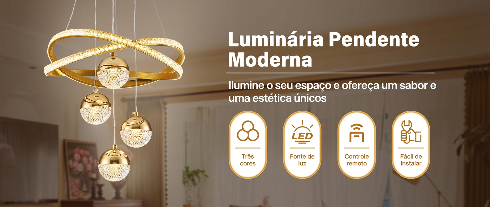 Luminária pendente moderna com três cores de luz e controle remoto