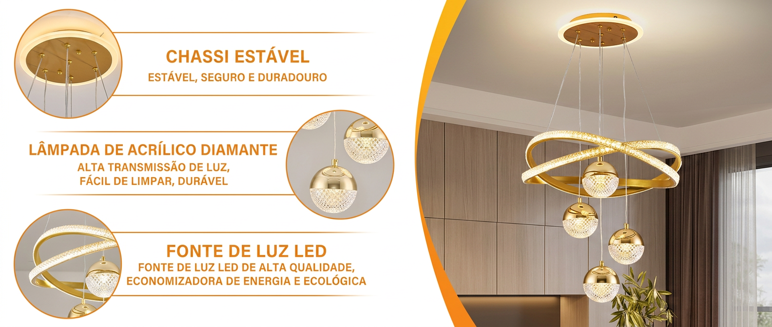 Chassi estável, lâmpada de acrílico diamante e fonte de luz LED
